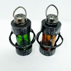Vintage 50s Colored Glass Red Green Salt Pepper Shaker Holiday Nautical Lantern‎